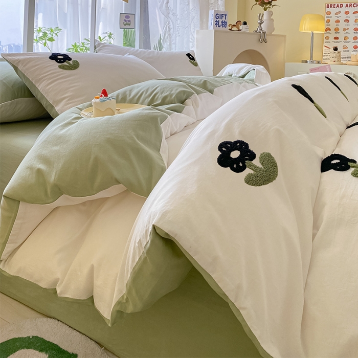 91家纺网 家纺一手货源 找家纺 眠帛 2023新款A类水洗棉小清新毛巾绣四件套 朵朵奶油绿