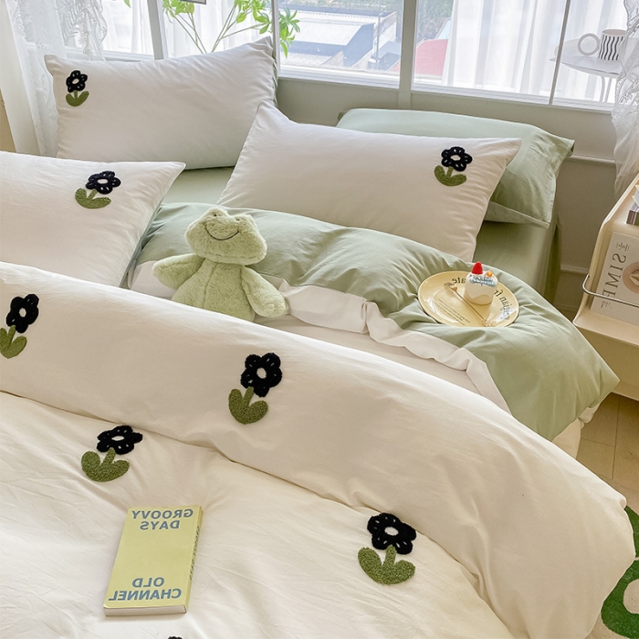 91家纺网 家纺一手货源 找家纺 眠帛 2023新款A类水洗棉小清新毛巾绣四件套 朵朵奶油绿