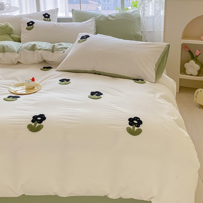 91家纺网 家纺一手货源 找家纺 眠帛 2023新款A类水洗棉小清新毛巾绣四件套 朵朵奶油绿