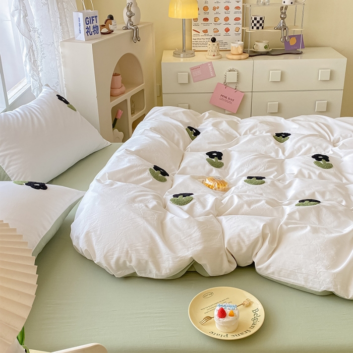 91家纺网 家纺一手货源 找家纺 眠帛 2023新款A类水洗棉小清新毛巾绣四件套 朵朵奶油绿