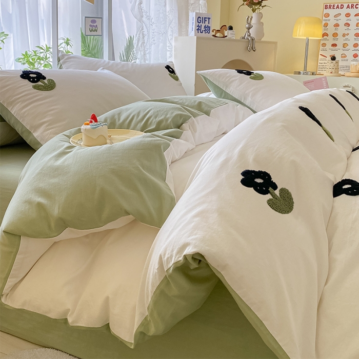 91家纺网 家纺一手货源 找家纺 眠帛 2023新款A类水洗棉小清新毛巾绣四件套 朵朵奶油绿