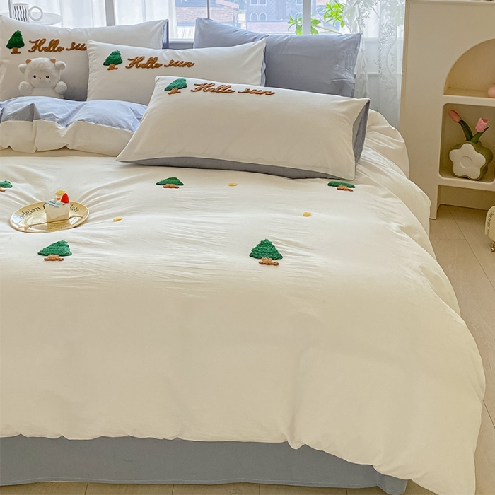 91家纺网 家纺一手货源 找家纺 眠帛 2023新款A类水洗棉小清新毛巾绣四件套 圣诞树蓝灰