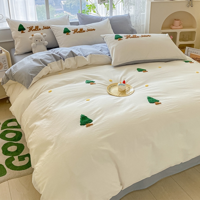 91家纺网 家纺一手货源 找家纺 眠帛 2023新款A类水洗棉小清新毛巾绣四件套 圣诞树蓝灰