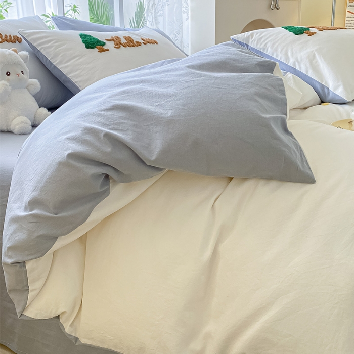 91家纺网 家纺一手货源 找家纺 眠帛 2023新款A类水洗棉小清新毛巾绣四件套 圣诞树蓝灰