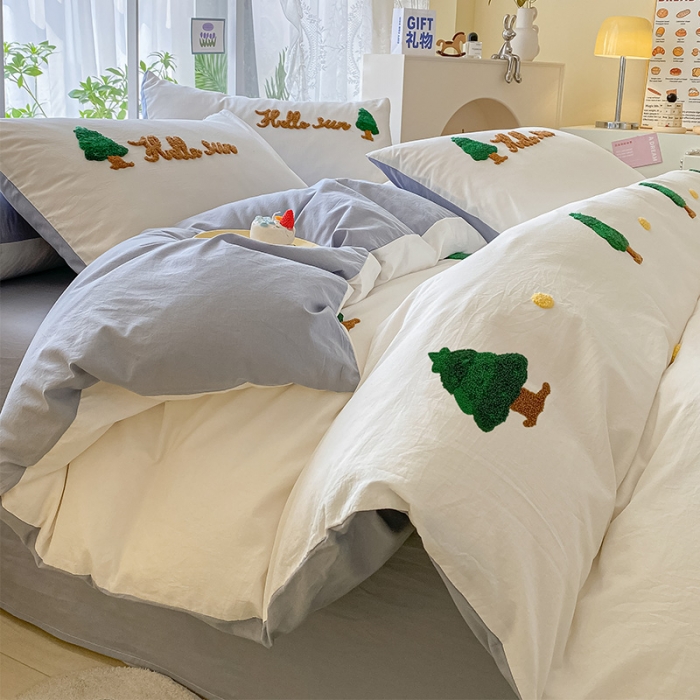 91家纺网 家纺一手货源 找家纺 眠帛 2023新款A类水洗棉小清新毛巾绣四件套 圣诞树蓝灰