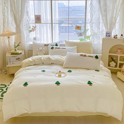眠帛 2023新款A类水洗棉小清新毛巾绣四件套 圣诞树奶油黄
