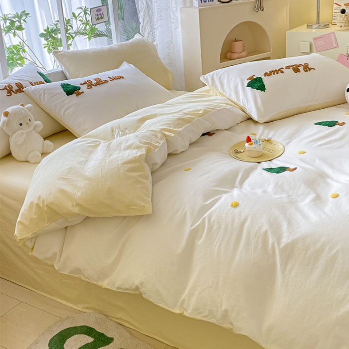 91家纺网 家纺一手货源 找家纺 眠帛 2023新款A类水洗棉小清新毛巾绣四件套 圣诞树奶油黄