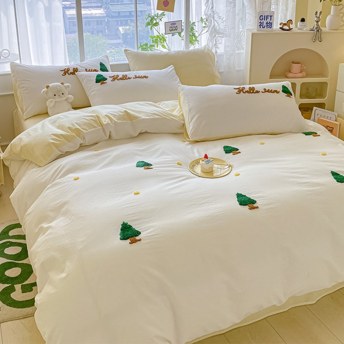 91家纺网 家纺一手货源 找家纺 眠帛 2023新款A类水洗棉小清新毛巾绣四件套 圣诞树奶油黄