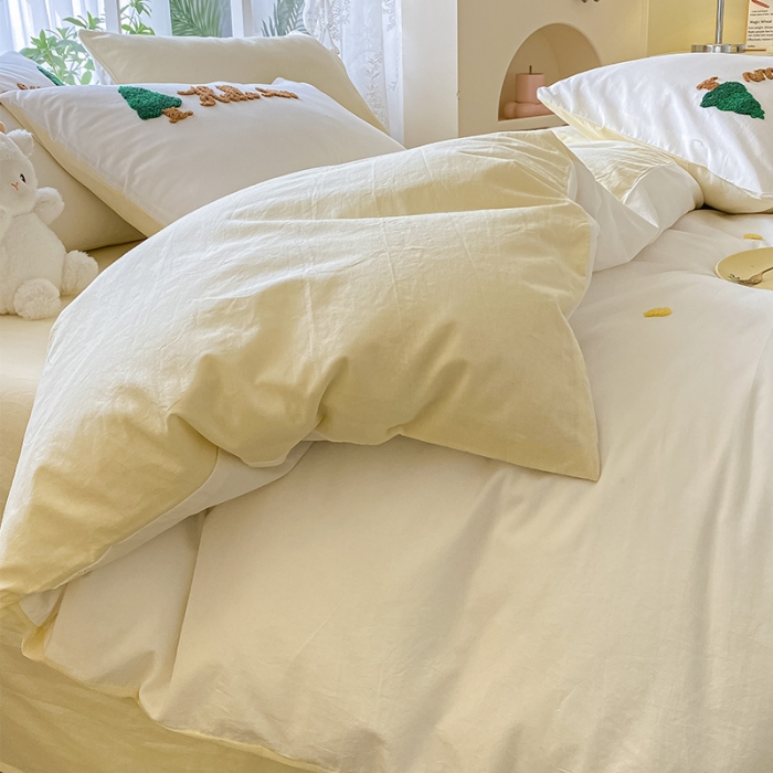 91家纺网 家纺一手货源 找家纺 眠帛 2023新款A类水洗棉小清新毛巾绣四件套 圣诞树奶油黄