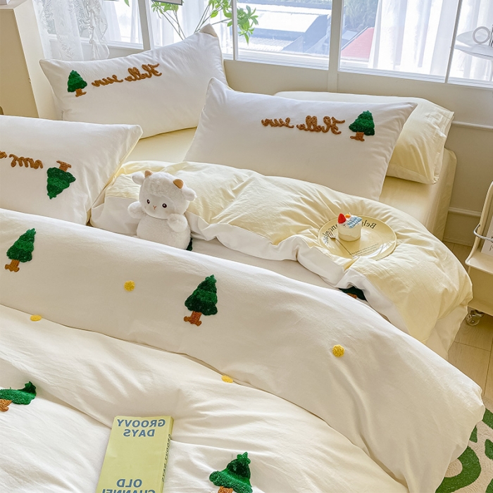 91家纺网 家纺一手货源 找家纺 眠帛 2023新款A类水洗棉小清新毛巾绣四件套 圣诞树奶油黄