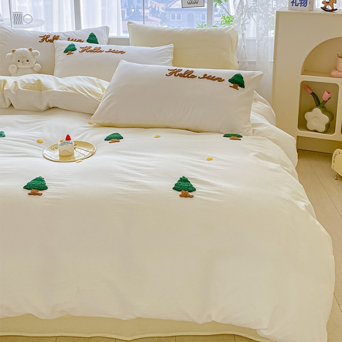 91家纺网 家纺一手货源 找家纺 眠帛 2023新款A类水洗棉小清新毛巾绣四件套 圣诞树奶油黄