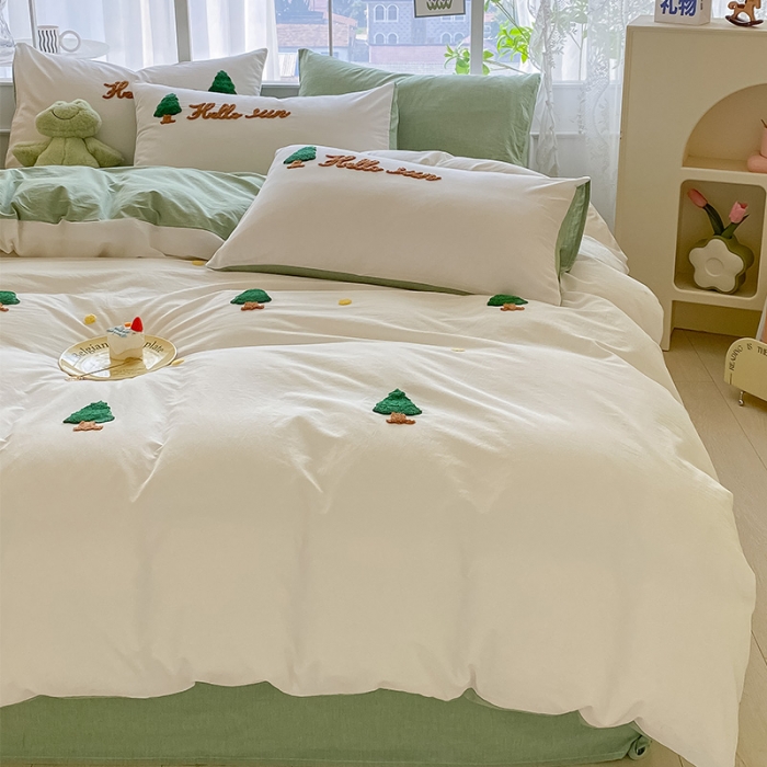 91家纺网 家纺一手货源 找家纺 眠帛 2023新款A类水洗棉小清新毛巾绣四件套 圣诞树奶油绿