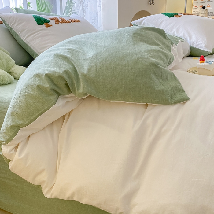 91家纺网 家纺一手货源 找家纺 眠帛 2023新款A类水洗棉小清新毛巾绣四件套 圣诞树奶油绿