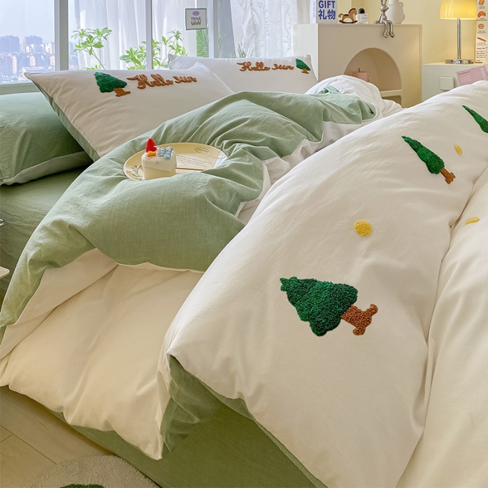91家纺网 家纺一手货源 找家纺 眠帛 2023新款A类水洗棉小清新毛巾绣四件套 圣诞树奶油绿