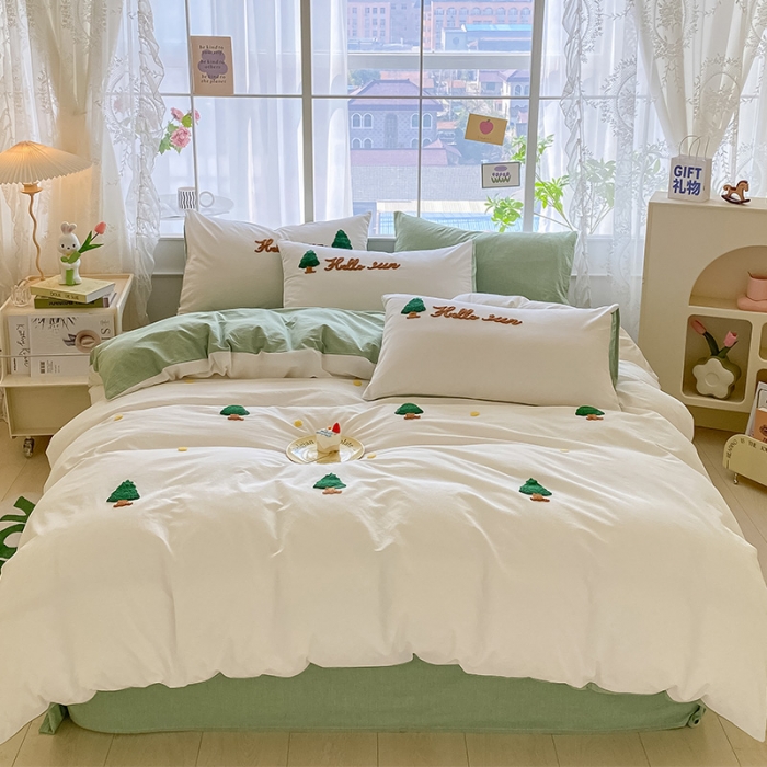 91家纺网 家纺一手货源 找家纺 眠帛 2023新款A类水洗棉小清新毛巾绣四件套 圣诞树奶油绿