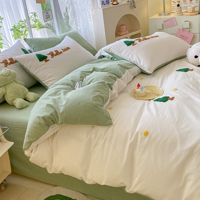 91家纺网 家纺一手货源 找家纺 眠帛 2023新款A类水洗棉小清新毛巾绣四件套 圣诞树奶油绿