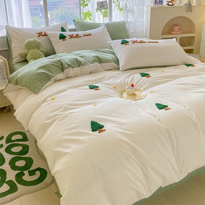 91家纺网 家纺一手货源 找家纺 眠帛 2023新款A类水洗棉小清新毛巾绣四件套 圣诞树奶油绿
