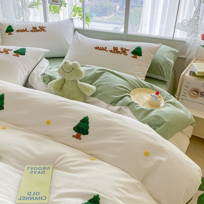 91家纺网 家纺一手货源 找家纺 眠帛 2023新款A类水洗棉小清新毛巾绣四件套 圣诞树奶油绿