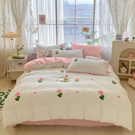 眠帛 2023新款A类水洗棉小清新毛巾绣四件套 郁金香奶油白