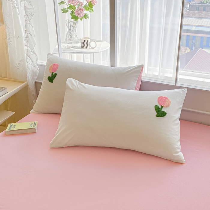 91家纺网 家纺一手货源 找家纺 眠帛 2023新款A类水洗棉小清新毛巾绣四件套 郁金香奶油白