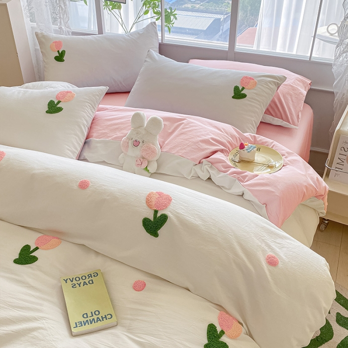 91家纺网 家纺一手货源 找家纺 眠帛 2023新款A类水洗棉小清新毛巾绣四件套 郁金香奶油白