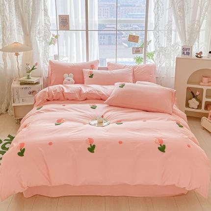 眠帛 2023新款A类水洗棉小清新毛巾绣四件套 郁金香奶油粉