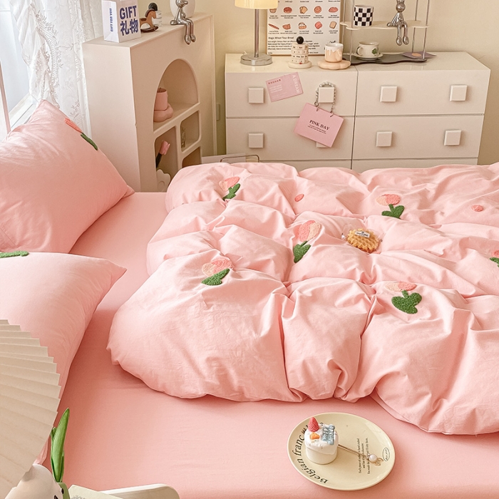 91家纺网 家纺一手货源 找家纺 眠帛 2023新款A类水洗棉小清新毛巾绣四件套 郁金香奶油粉