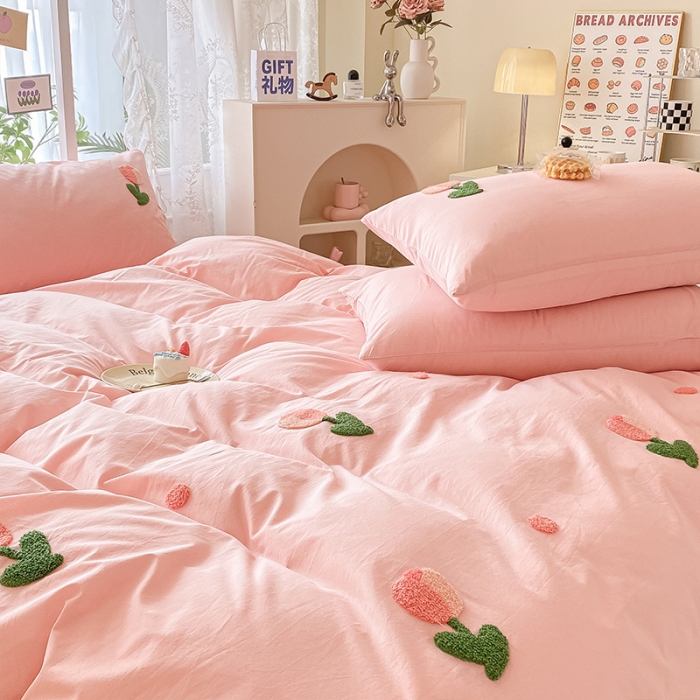 91家纺网 家纺一手货源 找家纺 眠帛 2023新款A类水洗棉小清新毛巾绣四件套 郁金香奶油粉