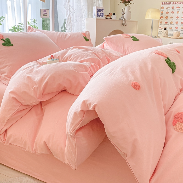 91家纺网 家纺一手货源 找家纺 眠帛 2023新款A类水洗棉小清新毛巾绣四件套 郁金香奶油粉