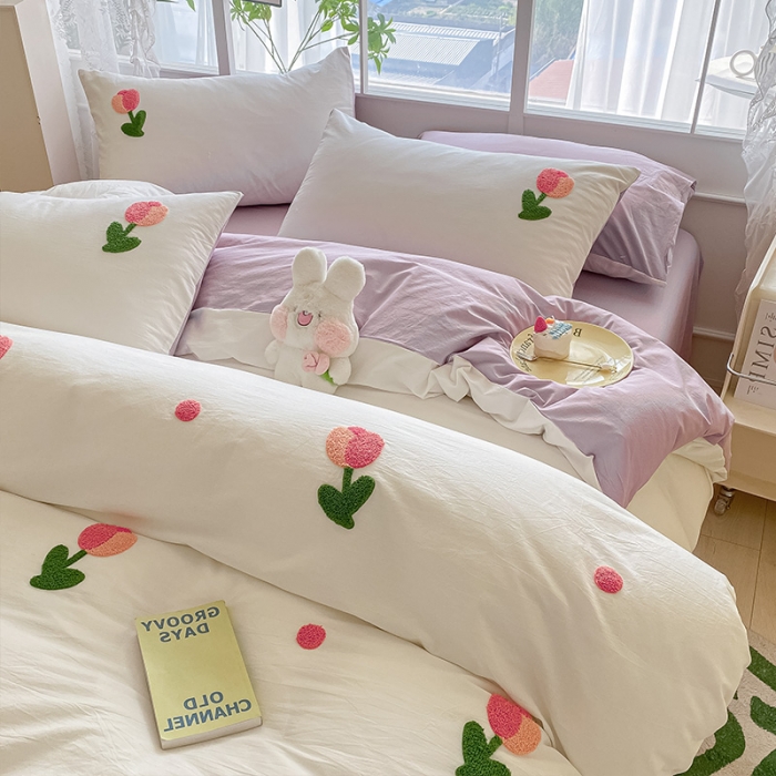 91家纺网 家纺一手货源 找家纺 眠帛 2023新款A类水洗棉小清新毛巾绣四件套 郁金香奶油紫