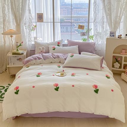 眠帛 2023新款A类水洗棉小清新毛巾绣四件套 郁金香奶油紫