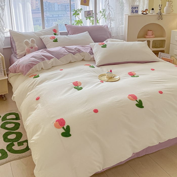 91家纺网 家纺一手货源 找家纺 眠帛 2023新款A类水洗棉小清新毛巾绣四件套 郁金香奶油紫