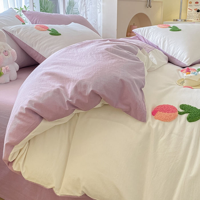 91家纺网 家纺一手货源 找家纺 眠帛 2023新款A类水洗棉小清新毛巾绣四件套 郁金香奶油紫