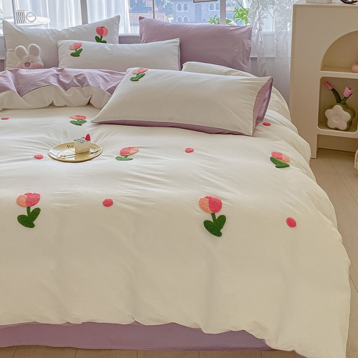 91家纺网 家纺一手货源 找家纺 眠帛 2023新款A类水洗棉小清新毛巾绣四件套 郁金香奶油紫