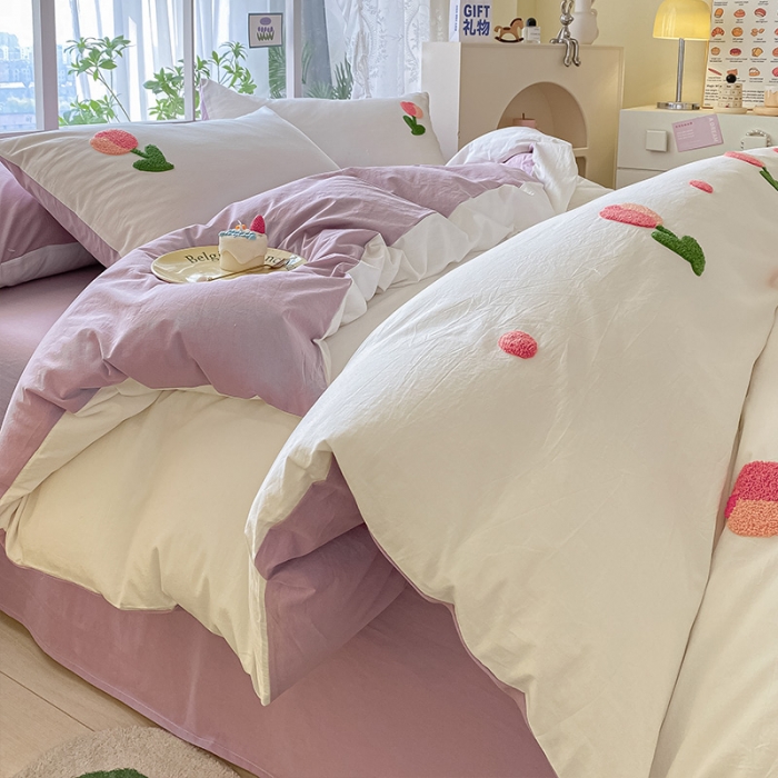 91家纺网 家纺一手货源 找家纺 眠帛 2023新款A类水洗棉小清新毛巾绣四件套 郁金香奶油紫