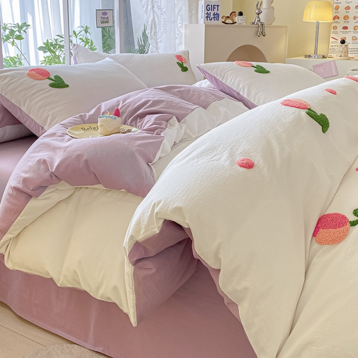 91家纺网 家纺一手货源 找家纺 眠帛 2023新款A类水洗棉小清新毛巾绣四件套 郁金香奶油紫