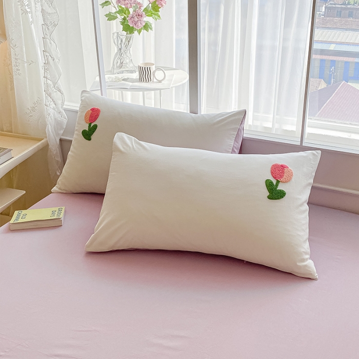 91家纺网 家纺一手货源 找家纺 眠帛 2023新款A类水洗棉小清新毛巾绣四件套 郁金香奶油紫