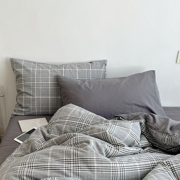 91家纺网 家纺一手货源 找家纺 北欧良品 2023新款A类AB版双面色织水洗棉单枕套 格纹灰+岩石灰