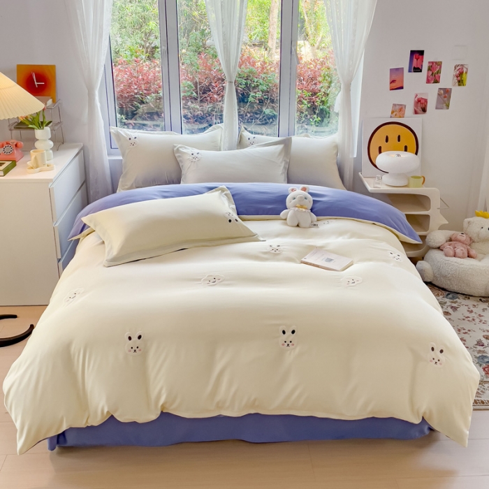 91家纺网 家纺一手货源 找家纺 金丝鸟 2023新款水洗真丝贴布绣花四件套 萌兔-白+紫