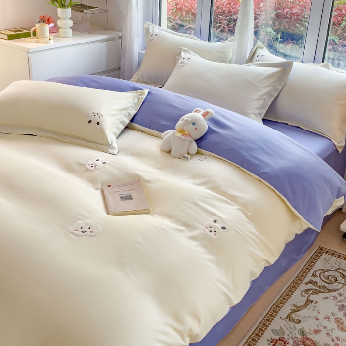91家纺网 家纺一手货源 找家纺 金丝鸟 2023新款水洗真丝贴布绣花四件套 萌兔-白+紫