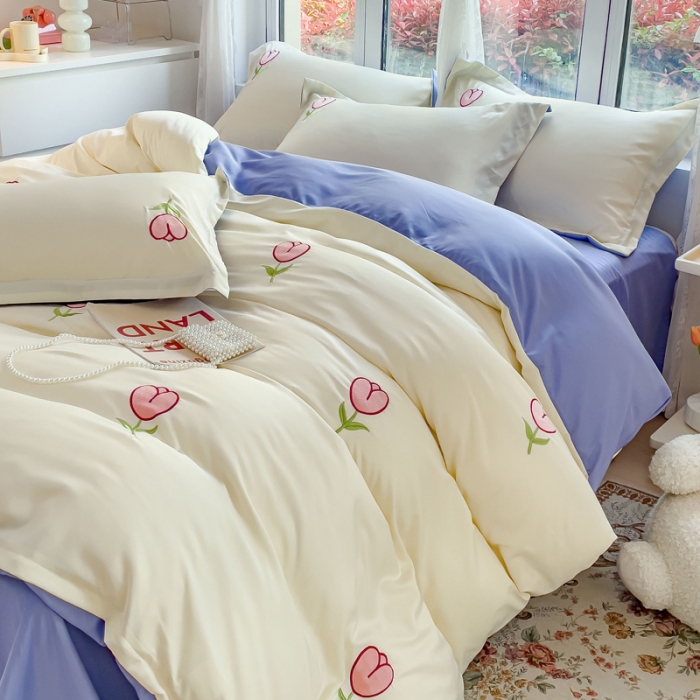 91家纺网 家纺一手货源 找家纺 金丝鸟 2023新款水洗真丝贴布绣花四件套 郁金香-白+紫