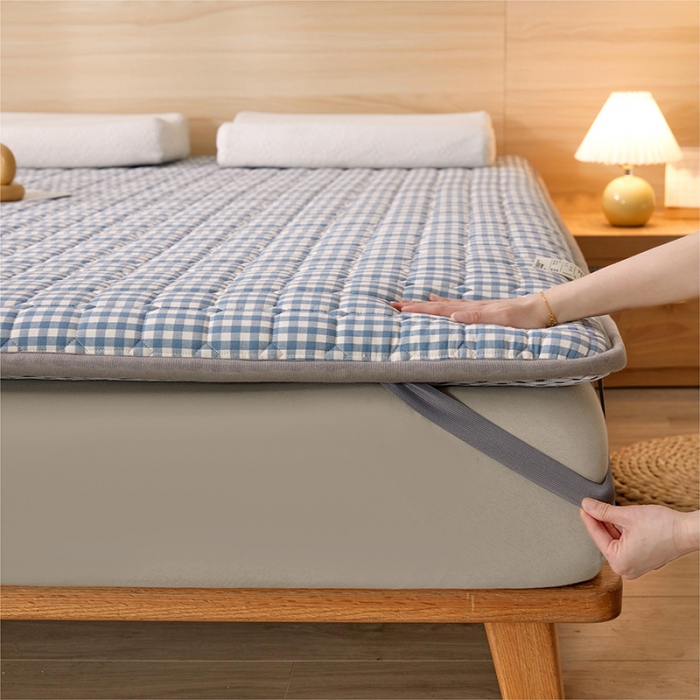 91家纺网 家纺一手货源 找家纺 丽诺床垫 2023新款全棉色织棉花床垫 蓝小格