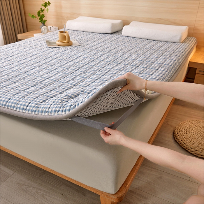 91家纺网 家纺一手货源 找家纺 丽诺床垫 2023新款全棉色织棉花床垫 蓝小格