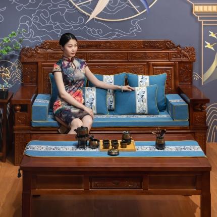 91家纺网 家纺一手货源 找家纺 北辰 2023新款新中式红木家具沙发坐垫青花瓷沙发垫 青花瓷-蓝