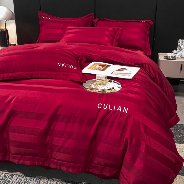 91家纺网 家纺一手货源 找家纺 2024新款冰丝提花刺绣四件套系列-初恋 初恋-胭脂红