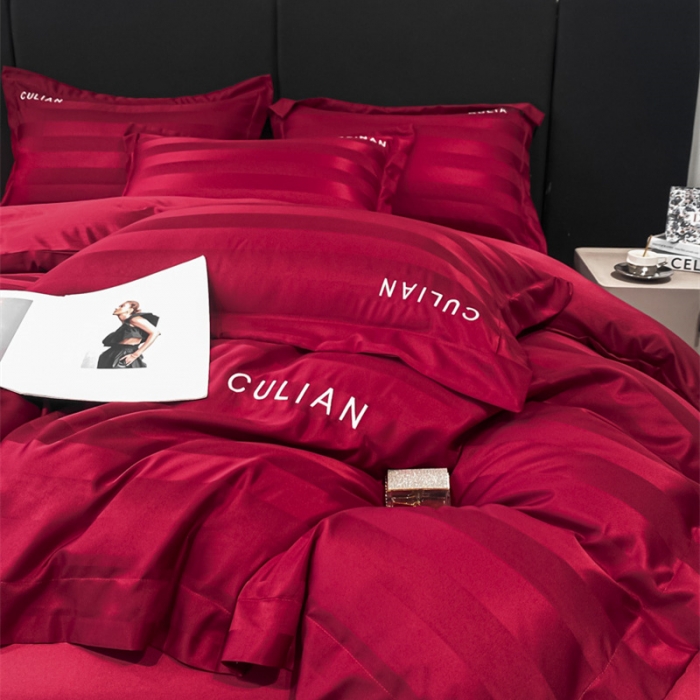 91家纺网 家纺一手货源 找家纺 2024新款冰丝提花刺绣四件套系列-初恋 初恋-胭脂红