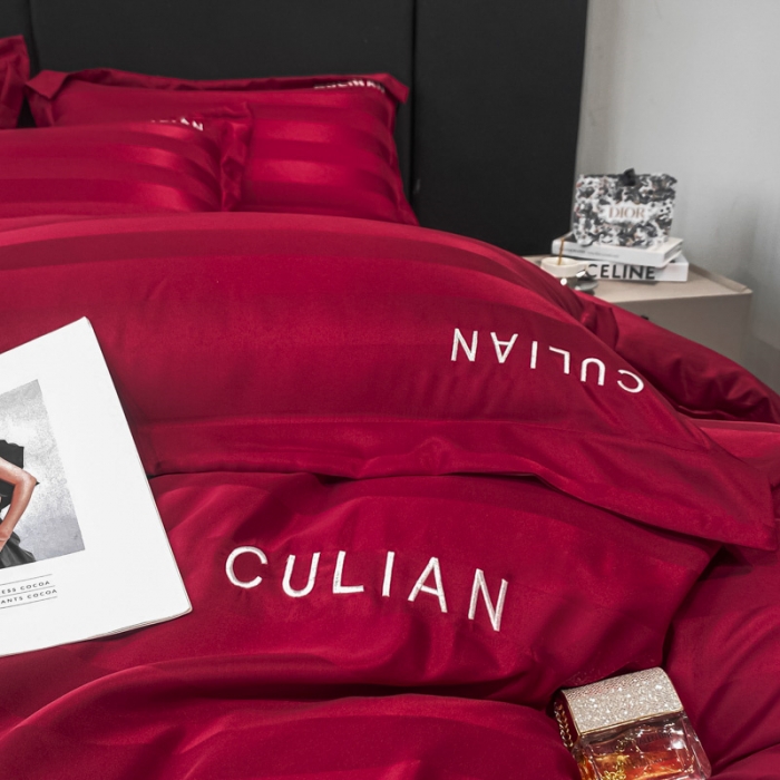 91家纺网 家纺一手货源 找家纺 2024新款冰丝提花刺绣四件套系列-初恋 初恋-胭脂红