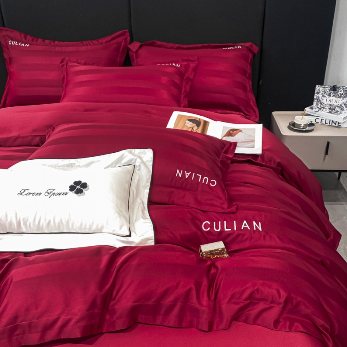 91家纺网 家纺一手货源 找家纺 2024新款冰丝提花刺绣四件套系列-初恋 初恋-胭脂红