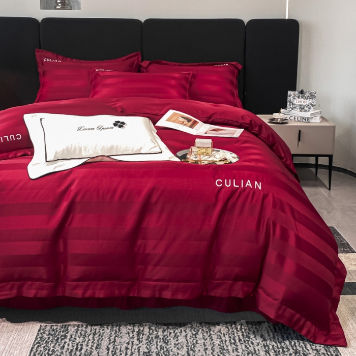 91家纺网 家纺一手货源 找家纺 2024新款冰丝提花刺绣四件套系列-初恋 初恋-胭脂红