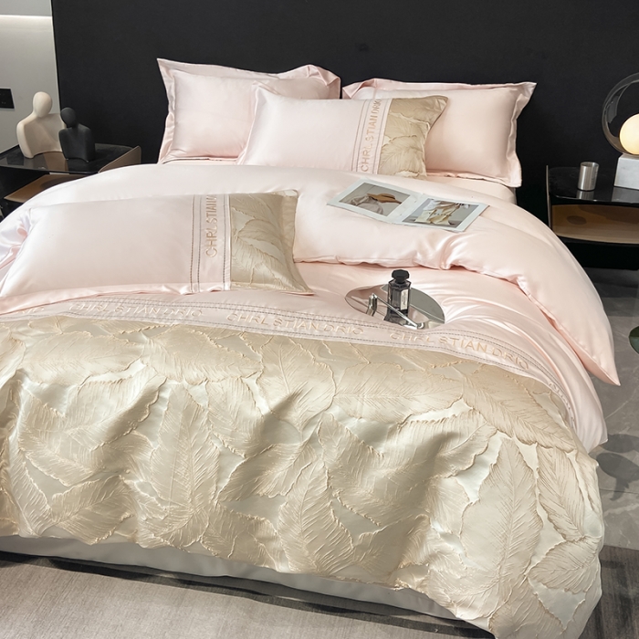 91家纺网 家纺一手货源 找家纺 梦舒羽2025新款莱赛尔天丝刺绣浮雕四件套 金枝玉叶-粉